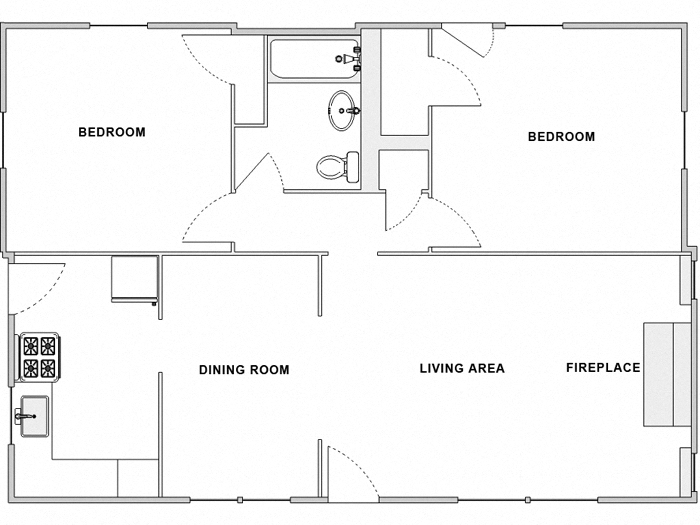 Floor plan for 2 beds, 1 bath, 850 sqft